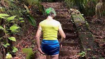 In the ruins of the abandoned house in the jungle i walk down and up the remaining stairs and give a brief flash at