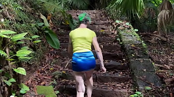 In the ruins of the abandoned house in the jungle i walk down and up the remaining stairs and give a brief flash at