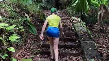 In the ruins of the abandoned house in the jungle i walk down and up the remaining stairs and give a brief flash at