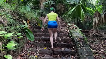 In the ruins of the abandoned house in the jungle i walk down and up the remaining stairs and give a brief flash at