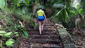 In the ruins of the abandoned house in the jungle i walk down and up the remaining stairs and give a brief flash at