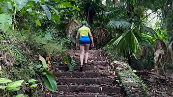 In the ruins of the abandoned house in the jungle i walk down and up the remaining stairs and give a brief flash at