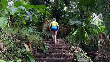 In the ruins of the abandoned house in the jungle i walk down and up the remaining stairs and give a brief flash at