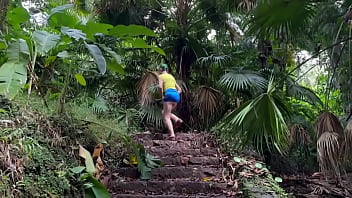 In the ruins of the abandoned house in the jungle i walk down and up the remaining stairs and give a brief flash at