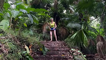 In the ruins of the abandoned house in the jungle i walk down and up the remaining stairs and give a brief flash at