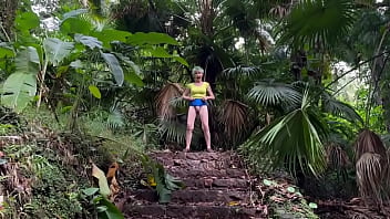 In the ruins of the abandoned house in the jungle i walk down and up the remaining stairs and give a brief flash at