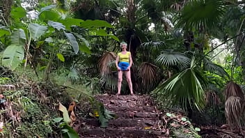 In the ruins of the abandoned house in the jungle i walk down and up the remaining stairs and give a brief flash at