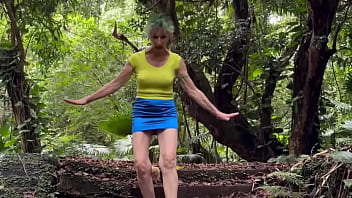 In the ruins of the abandoned house in the jungle i walk down and up the remaining stairs and give a brief flash at