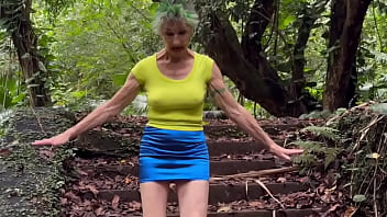 In the ruins of the abandoned house in the jungle i walk down and up the remaining stairs and give a brief flash at