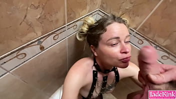 Blue eyed submissive slut handcuffed and rough mouth fucking in shower