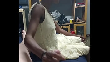 Black girl gives nice handjob while wife suck my dick with pleasure