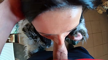 Tight green leather pants cameltoe – blowjob & doggy with cum on my fur coat & downjacket preview