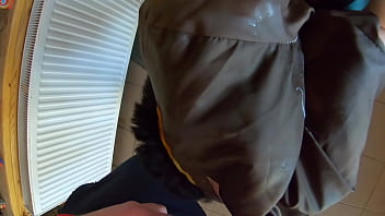 Tight green leather pants cameltoe – blowjob & doggy with cum on my fur coat & downjacket preview