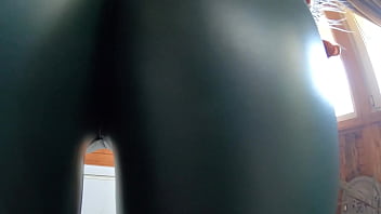 Tight green leather pants cameltoe – blowjob & doggy with cum on my fur coat & downjacket preview