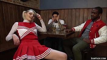 Glowing Blonde Cheerleader Arielle Aquinas Flirts And Teases With Dudes In The Bar And Soon After Interracial Group Stuff All Her Holes With Huge Dicks thumbnail