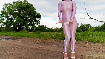 395 teasing you in shiny spandex outdoors 4k
