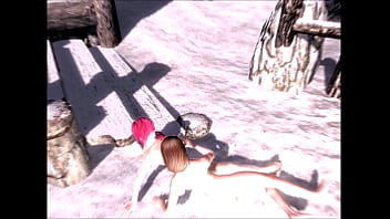 Two females adventure through a snowstorm and have sex outside at a campfire