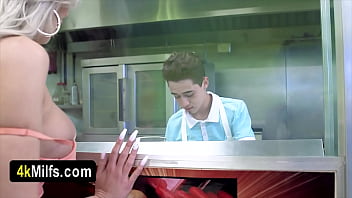 Milf gets fucked real hard in a sandwich shop