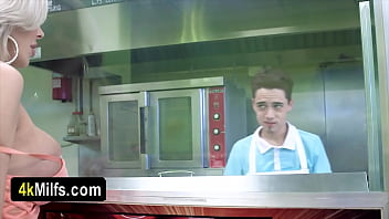 Milf gets fucked real hard in a sandwich shop