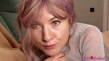 Horny pink haired cutie sensually sucks big dick licking balls and swallows cum