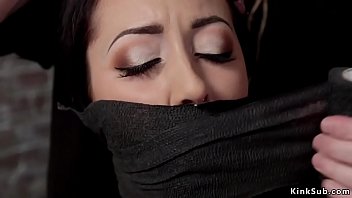 Dark haired sexy slut sabrina banks gets gagged and then ass whipped before in suspension pussy fucked with dick on a stick