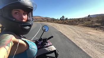 Moto bike badass chick felicity rides in a bra outdoors