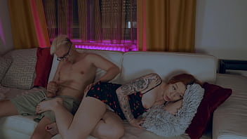 Watching tv with redhead stepmom turns into hardcore pussy pounding on the couch