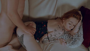 Watching tv with redhead stepmom turns into hardcore pussy pounding on the couch