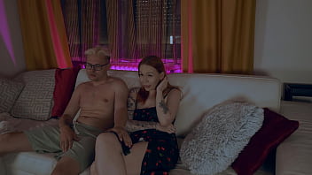 Watching tv with redhead stepmom turns into hardcore pussy pounding on the couch