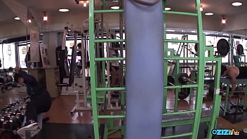 At the gym several men engaged in sexual intercourse with her pubic hair and fondled her large natural breasts