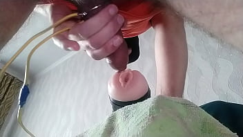 Sweet fucks his new toy roughly and cums inside close up