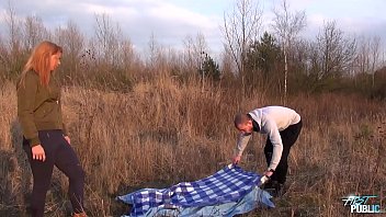 Redhead beauty convinced to fuck outdoor with wierd stranger