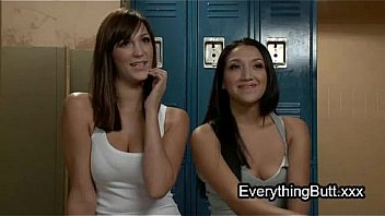 Three lesbians anal fucking with huge dildo and fiting in locker room