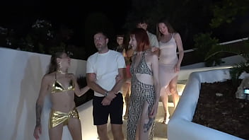 Night time orgy around the villa pool