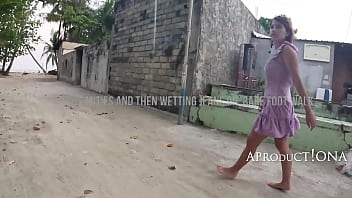 Wetting panties and jeans on a bare foot island walk