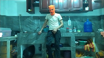 "from flaccid penis to erect 25 year old man with a big penis masturbates while waiting for his best friend in the kitchen"