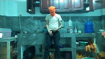 "from flaccid penis to erect 25 year old man with a big penis masturbates while waiting for his best friend in the kitchen"