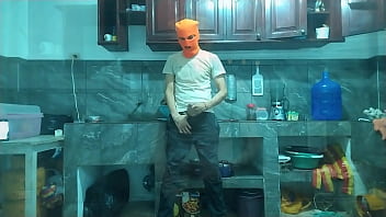 "from flaccid penis to erect 25 year old man with a big penis masturbates while waiting for his best friend in the kitchen"