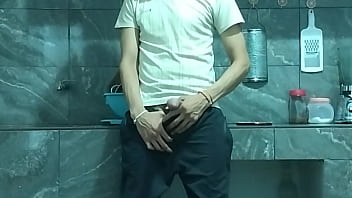 "from flaccid penis to erect 25 year old man with a big penis masturbates while waiting for his best friend in the kitchen"