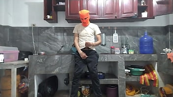 "from flaccid penis to erect 25 year old man with a big penis masturbates while waiting for his best friend in the kitchen"