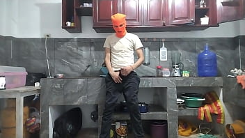 "from flaccid penis to erect 25 year old man with a big penis masturbates while waiting for his best friend in the kitchen"