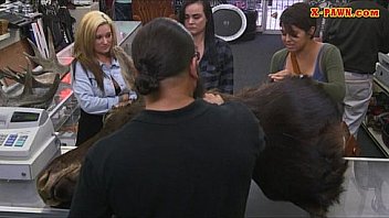 Blonde fucked in the pawnshop while making out with lesbian