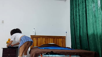 Busty mature woman dresses as a student and rejoices in showing off her uniform