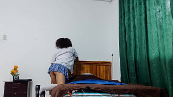 Busty mature woman dresses as a student and rejoices in showing off her uniform