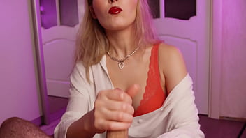 Beauty jerks off guy in sexy lingerie