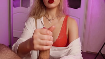 Beauty jerks off guy in sexy lingerie