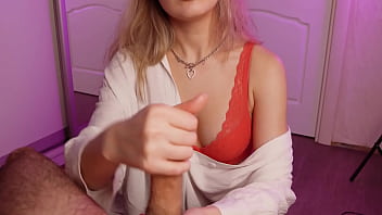 Beauty jerks off guy in sexy lingerie