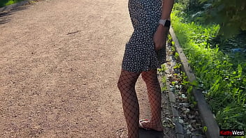 Public solo upskirt flashing ass plug in fishnet pantyhose pee