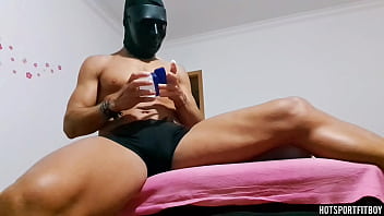 Hotsportfitboy with his big hard cock fucking fleshlight in couch