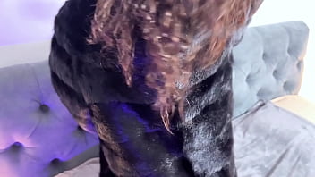 Squirt and pulsating pussy orgasm experienced by hot brunette in fur coat and pantyhose while masturbating cunt with big vibrator